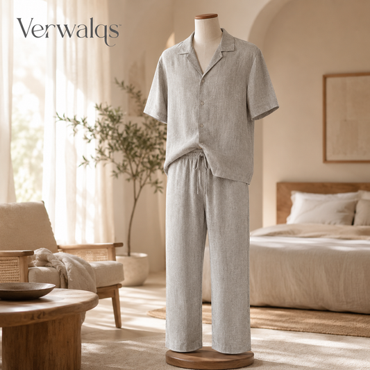 Verwalqs™ OpenWeave Linen-Blend Lounge Set – Unisex Button-Up Shirt & Pants