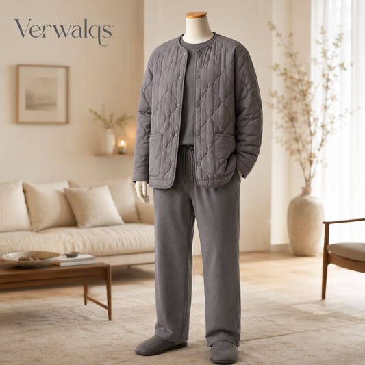 Verwalqs™ HavenLayer Quilted House Jacket – Unisex Collarless Lounge Cardigan